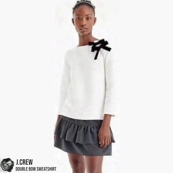 J.CREW HOLIDAY EDITION DOUBLE BOW SWEATSHIRT IN IVORY & BLACK VELVET SIZE SMALL - Picture 2 of 14